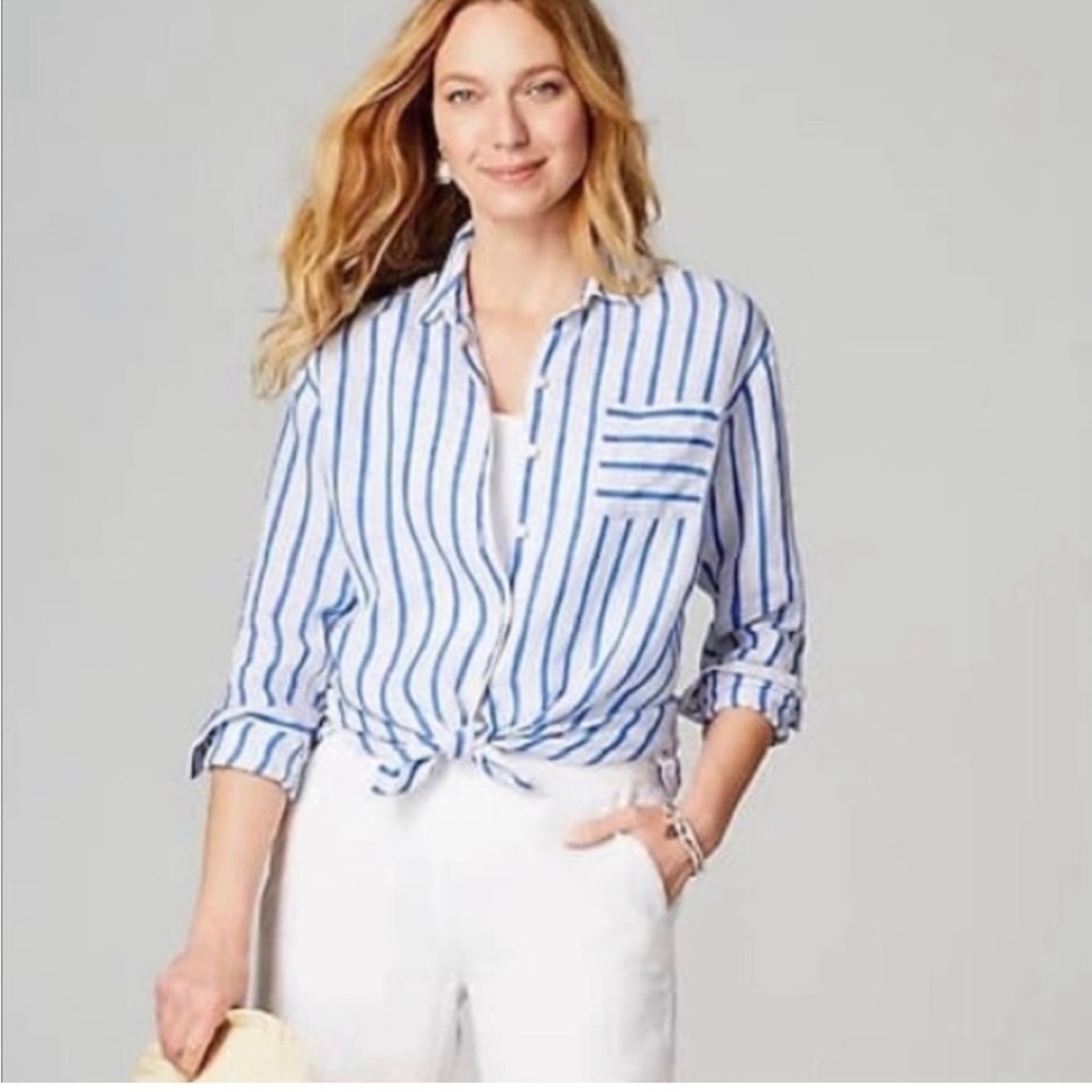 J. Jill Blue and White Striped Button Down Shirt